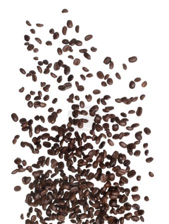 Téléchargez les photos : Coffee bean fall down pour in group, Coffee seeds float explode, abstract cloud fly. Coffee beans splash throwing in Air. White background Isolated high speed shutter, freeze motion - en image libre de droit