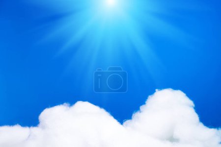 Photo for Podium with cloud on pastel blue background. Concept scene stage showcase, for product, promotion, sale, banner, presentation, cosmetic and fashion. Minimal showcase mock up cloudscape sky concept. - Royalty Free Image