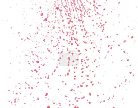 Foto de El jugo de fresa de tomate rojo dispersa salpicaduras en gotitas, la ola de sangre roja cae en el aire. Mosca de nube abstracta, derrame de salpicadura de color vino tinto en el aire. Fondo blanco Obturador de alta velocidad aislado, congelar - Imagen libre de derechos