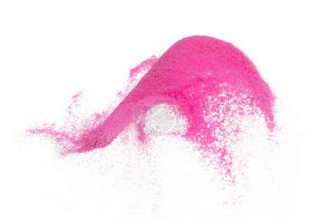 Foto de Chocky Pink púrpura Explosión voladora de arena, arenas violetas onda de grano explotan. Nube abstracta vuela, salpica lanzando aire. Fondo blanco Obturador aislado de alta velocidad, lanzando movimiento de congelación - Imagen libre de derechos