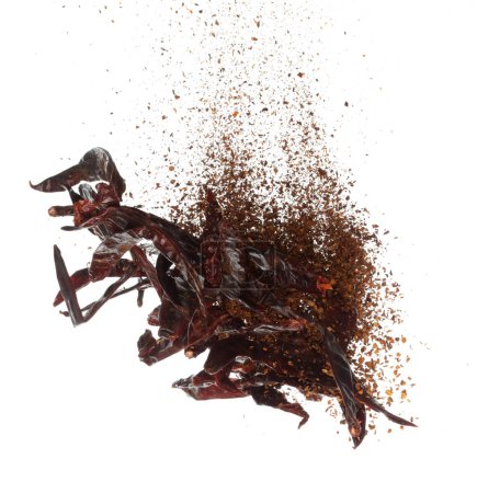 Photo for Dried Red hot Chilli fall down explosion, dried Red Chilli float explode, abstract cloud fly. Mix ground powder Chillis splash throwing in Air. White background Isolated high speed shutter, freeze - Royalty Free Image