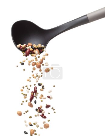 Photo for Mix beans fall down explosion, several kind bean float pouring in ladle. Dried white green red soy black peanut mixed beans splash throwing in Air. White background Isolated high speed shutter freeze - Royalty Free Image