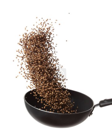 Foto de Coriander seed fry throw up in Pan, brown coriander seed float explode, abstract cloud fly. Dried coriander seeds splash throwing in Air. White background Isolated high speed shutter, freeze motion - Imagen libre de derechos