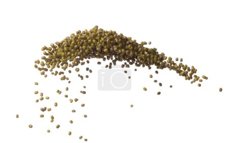 Photo for Green mung beans fall down explosion, green mung bean float explode, abstract cloud fly. Dried green mung beans splash throwing in Air. White background Isolated high speed shutter, freeze motion - Royalty Free Image
