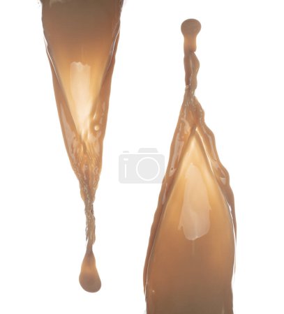 Photo for Milk Tea fall pouring down in Shape form line. Milk Ice coffee splash spill into drop, chocolate cocoa attack fluttering explosion in air. White background isolated, stop motion freeze shot. - Royalty Free Image