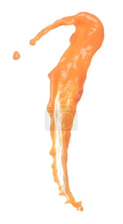 Foto de Zumo de naranja vertiendo en forma de línea. Explosión jugosa del revoloteo de la naranja en el aire, derrame líquido del chapoteo del agua como gota de la explosión. Fondo blanco aislado, stop motion disparo de congelación. - Imagen libre de derechos