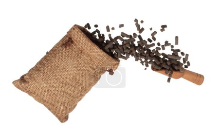 Photo for Fertilizer Organic natural fly fall in sack bag, tube compost fertilizer for planting float in air. Organic fertilizer throw in mid air. White background isolated high speed freeze motion - Royalty Free Image
