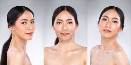 Téléchargez les photos : Portrait Face shot Belle jeune femme asiatique à la mode cosmétique maquillage peau propre sur fond gris isolé. Soins du visage, élégance Cosmétologie, beauté amour féminin - en image libre de droit