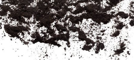 Foto de Negro Fertilizar Suelo listo para la plantación, buenos suelos orgánicos con raíz para la agricultura de jardín, fino detalle de suelo lanzar volar en el aire con polvo sucio. Disparo de congelación de alta velocidad sobre fondo blanco aislado. - Imagen libre de derechos