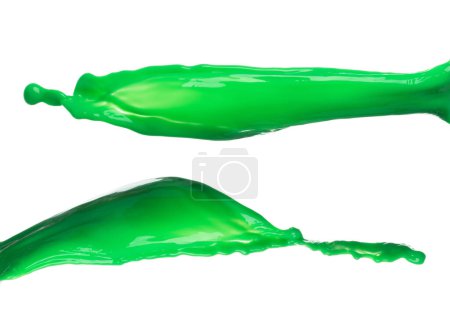 Photo for Green Matcha Milk Tea pour fall down, explosion in air. Green Matcha Milk Tea spill splash in shape form line as paint color. White background isolated high speed shutter freeze motion - Royalty Free Image