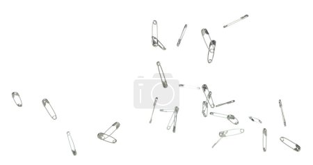 Photo for Safety Pin brooch pour fall down, explosion in air. Many safety pin small size splash fly in group floating. White background isolated high speed shutter freeze motion - Royalty Free Image
