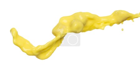 Photo for Banana juice flying fall down, yellow banana chopped slice juice wave explode. Yellow paint color splash throwing in Air. White background Isolated high speed shutter, throwing freeze stop motion - Royalty Free Image