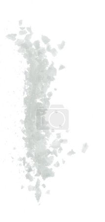 Téléchargez les photos : Mélange de sel explosion volante, grande fleur de gros sels blancs exploser mouche nuage abstraite. Sel éclaboussure de roche dans l'air, conception d'éléments d'assaisonnement. fond blanc isolé mouvement de gel à grande vitesse - en image libre de droit