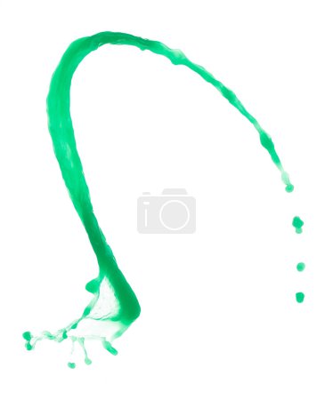 Photo for Green paint liquid fly in mid air, apple vegetable juice falling scatter, explosion float in shape form droplet line. White background isolated freeze motion high speed shutter - Royalty Free Image