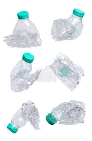 Photo for Plastic Bottle fall fly in mid air, pet plastic bottle floating explosion with green lid. Used twist water plastic bottles throw in air. White background isolated freeze motion high speed shutter - Royalty Free Image