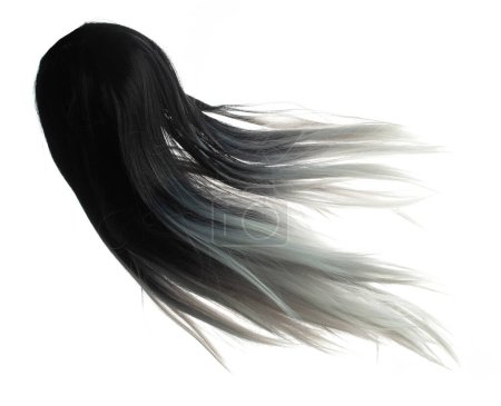 Photo for Two tone Wig hair style fly fall explosion. White Black woman wig hair float in mid air. Two tone wig hair extension wind blow cloud throw. White background isolated high speed freeze motion - Royalty Free Image