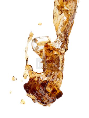 Téléchargez les photos : Coffee drink water mix ice cube fall pouring down in Shape form line of espresso black coffee splashes into drop soda cola attack fluttering in air, stop motion freeze shot. Splash coffee cola drink - en image libre de droit