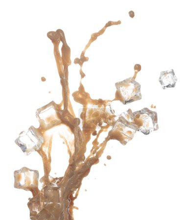 Photo for Milk Tea fall ice cube cool pouring down in Shape form line. Milk Ice coffee splash into drop dropet, chocolate cocoa attack fluttering explosion in air. White background isolated, stop motion freeze - Royalty Free Image