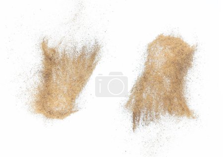 Photo for Sand flying explosion, Golden sand wave explode. Abstract sands cloud fly. Yellow colored sand splash throwing in Air. White background Isolated high speed shutter, throwing freeze stop motion - Royalty Free Image