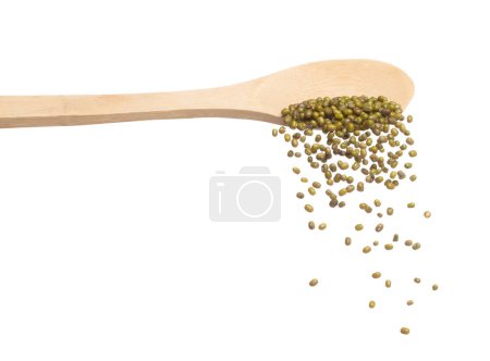Photo for Green mung beans fall down in wooden spoon, green mung bean float explode, abstract cloud fly. Dried green mung beans splash throwing in Air. White background Isolated high speed shutter, freeze - Royalty Free Image