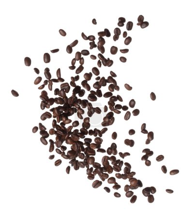 Téléchargez les photos : Coffee bean fly explosion, Coffee seeds float explode, abstract cloud fly. Coffee beans splash throwing in Air. White background Isolated high speed shutter, freeze motion - en image libre de droit