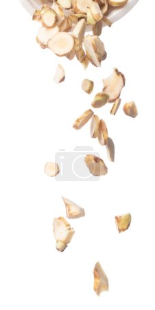 Photo for Galangal fall fly in cup, fresh vegetable spice galangal falling. Organic fresh herbal galangal root head cut chop slice, close up texture. White background isolated freeze motion high speed shutter - Royalty Free Image