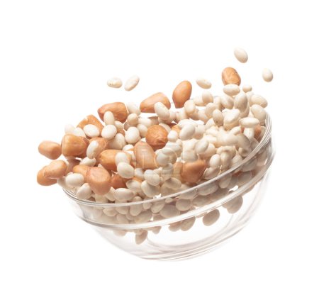 Photo for Mix white peanut beans fall down explosion, several kind bean float explode in glass bowl. Dried white peanut mixed beans splash throwing in Air. White background Isolated high speed shutter, freeze - Royalty Free Image