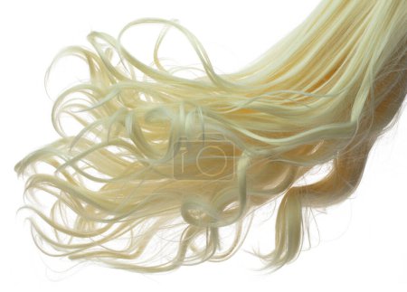 Téléchargez les photos : Long Curl Perruque coiffure mouche chute explosion. Blonde vague femme perruque cheveux flottent en plein air. Perruque blonde dorée cheveux vent souffler nuage jeter. Partie isolée de fond blanc - en image libre de droit