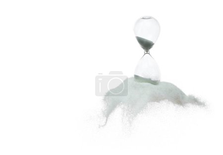 Photo for Hourglass and Sand fly in mid air, add more sand of time on gold sand over white background. White hourglass show more time Deadline extended time management hope concept hour glass, life pass - Royalty Free Image