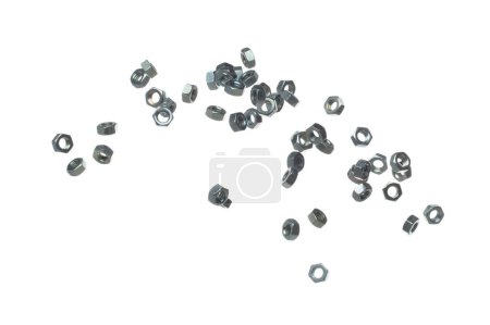 Photo for Metal Nut for industry and Repair, fly in air. Silver nuts to joint bolt machine component. Gray nut use in locking bolt washer. White background isolated - Royalty Free Image