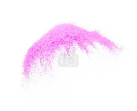 Photo for Small size purple Sand flying explosion, violet sands grain wave explode. Abstract cloud fly. purple colored sand splash throwing in Air. White background Isolated high speed shutter, throwing freeze - Royalty Free Image