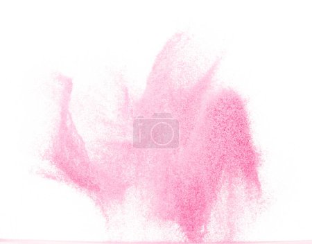 Photo for Small size pink Sand flying explosion, sweet sands grain wave explode. Abstract cloud fly. Pink colored sand splash throwing in Air. White background Isolated high speed shutter, throwing freeze stop - Royalty Free Image