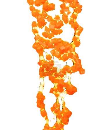 Téléchargez les photos : Carrot fresh dice cube shape pouring down with water. Beta Carotene orange color in Carrot is good health. Many Dice cube carrot falling with cooking oil. White background isolated, high speed - en image libre de droit