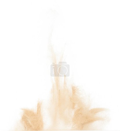 Photo for Small Fine size Sand flying explosion, Golden grain wave explode. Abstract cloud fly. Yellow colored sand splash throwing in Air. White background Isolated high speed shutter, throwing freeze stop - Royalty Free Image