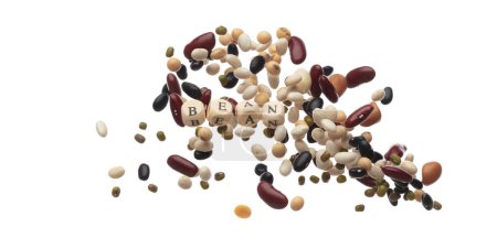 Photo for Alphabet letter wording "Bean" bead toy flying over explosion flying in air. Bean word alphabet letter show multi grain color difference of beans. White background isolated. - Royalty Free Image