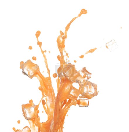 Foto de Zumo de naranja cubo fresco vertiendo en forma de línea de forma. Explosión jugosa del revoloteo de la naranja en el aire, derrame líquido del chapoteo del agua como gotita de la explosión en tazón de cristal. Fondo blanco aislado - Imagen libre de derechos