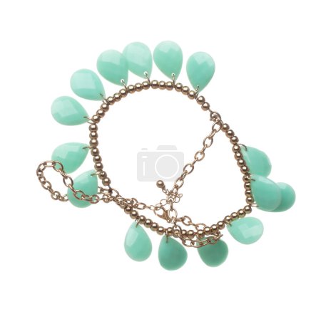 Photo for Jade bead style necklet fly in air. Green jade stone bead necklace as gemstone for fashion ornament decorative items. Fashion ornament necklace to add more style. White background isolated - Royalty Free Image