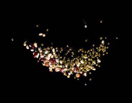 Photo for Mix beans fall down explosion, several multi kind bean float explode. Dried mixed white green red soy black peanut beans splash throwing in Air. Black background Isolated - Royalty Free Image