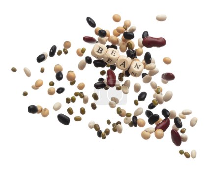 Photo for Alphabet letter wording "Bean" bead toy flying over explosion flying in air. Bean word alphabet letter show multi grain color difference of beans. White background isolated. - Royalty Free Image