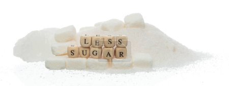 Photo for Less Sugar alphabet letter word bead on pile of refined sugar. Diabetes concept to reduce sweet food drink. Less Sugar letter word on sweetener type. White background isolated - Royalty Free Image