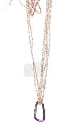 Photo for Line Climbing Rope roll fly in air. Strong safety climbing rope for sport mountain hobby, need safety gear to lock hold weight of climber rope. White background isolated - Royalty Free Image