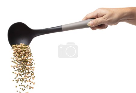 Photo for Mix green mung soy beans fall down explosion, several kind bean float pouring in ladle. Dried soybean green mung mixed beans splash throwing in Air. White background Isolated high speed shutter freeze - Royalty Free Image