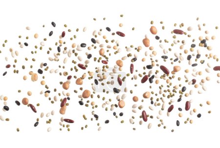 Foto de Mix beans fall down explosion, several kind bean float explode, pouring down. Dried mixed white green red soy black peanut beans splash throwing in Air. White background Isolated high speed shutter - Imagen libre de derechos