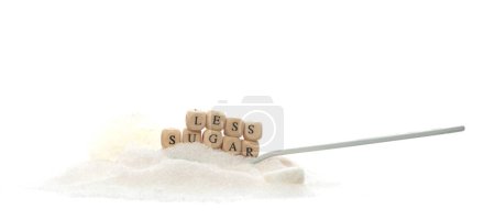 Photo for Less Sugar alphabet letter word bead on pile of refined sugar. Diabetes concept to reduce sweet food drink. Less Sugar letter word on sweetener type. White background isolated - Royalty Free Image