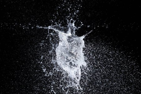 Foto de Water balloon explosion splashing in form shape, is power refreshing freshness concept. Waters Balloon explode and droplet spill all around with freeze high speed shot in black background studio - Imagen libre de derechos