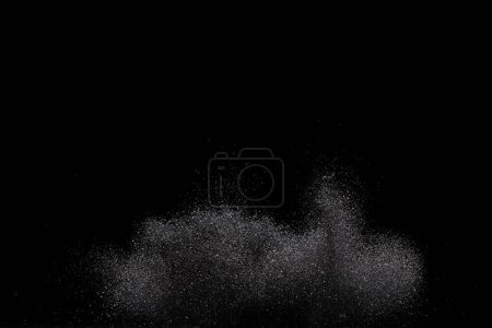Photo for Explosion metallic black glitter sparkle. Dark Glitter powder spark blink celebrate, blur foil explode in air, fly throw black glitters particle. Black background isolated, selective focus Blur bokeh - Royalty Free Image