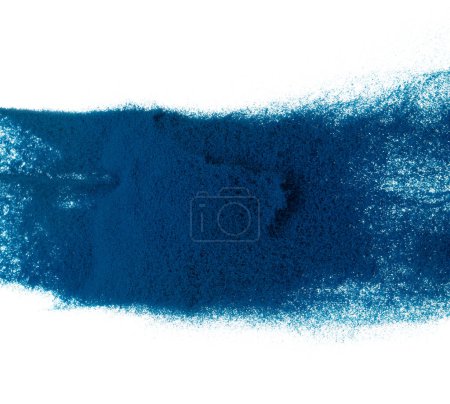 Photo for Blue Sand flying explosion, Ocean sands grain wave explode. Abstract cloud fly, colored splash throwing in Air. White background Isolated high speed shutter, throwing freeze stop - Royalty Free Image