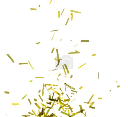 Golden Confetti Foil fall splashing in air. Gold Confetti Foil explosion flying, abstract cloud fly. Many Party glitter scatter in many group. White background isolated high speed shutter freeze