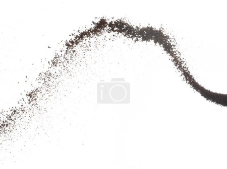 Photo for Coffee powder fly explosion, Coffee crushed ground float pouring, wave like smoke smell. Coffee ground powder splash throwing in mid Air. White background Isolated high speed shutter, freeze motion - Royalty Free Image
