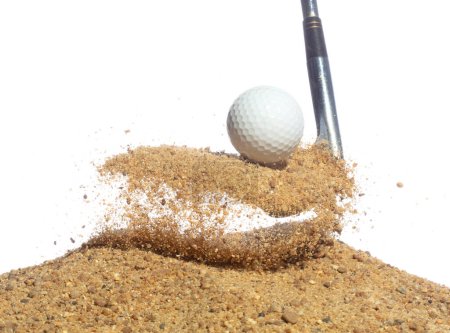 Photo for Golf ball explode from sand bunker. Golfer hit ball with club to sand explosion to green. Golf club hit ball in sand bunker explosion. White background isolated freeze motion - Royalty Free Image